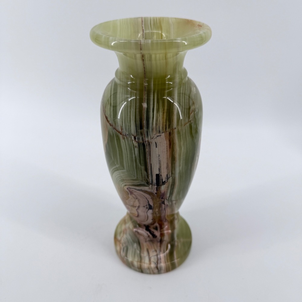 Vintage Vase Green Onyx Stone Hand Carved Marble Banded Polished Decor 8in